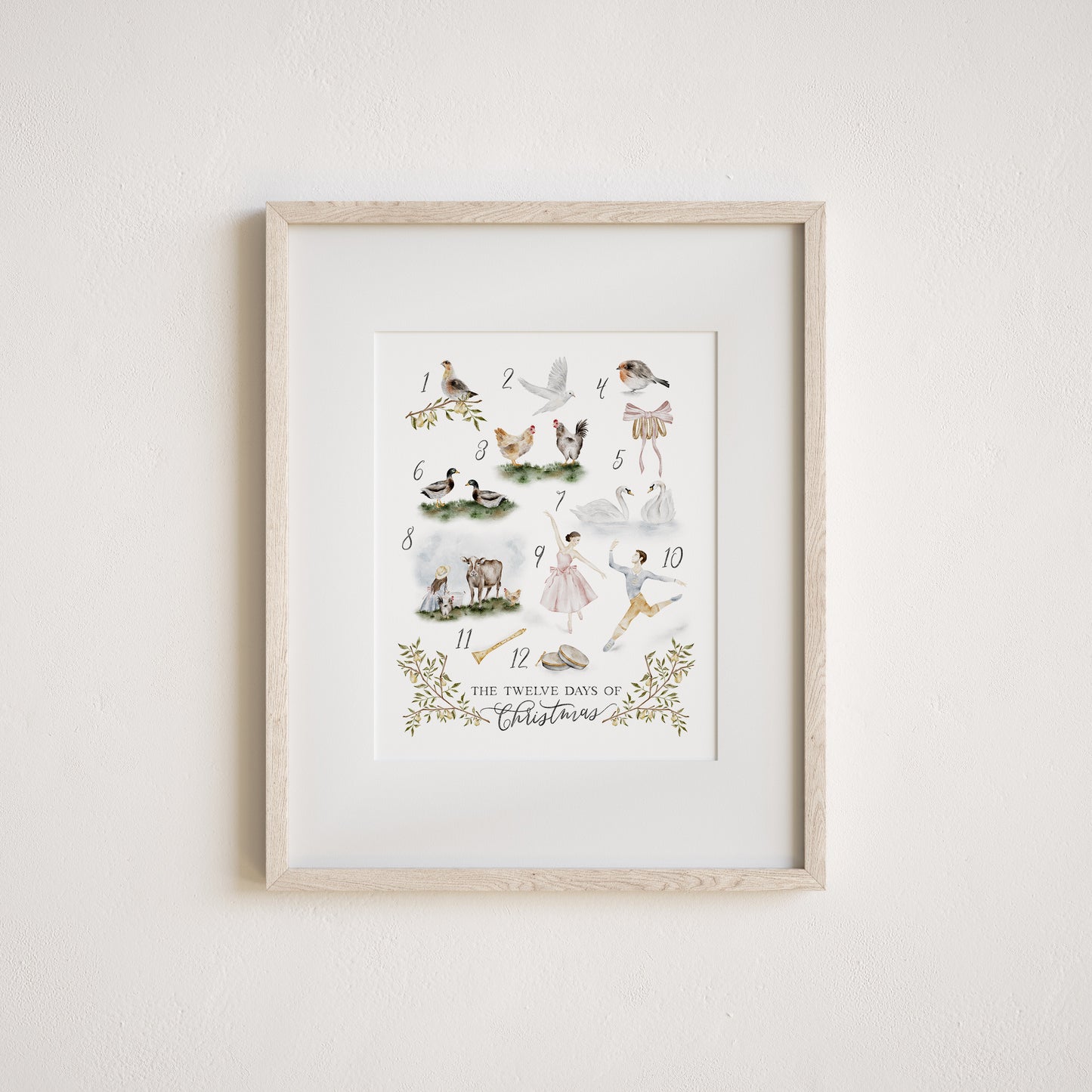 Watercolor art print of illustrations inspired by the 12 Days of Christmas