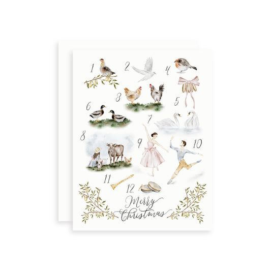 Holiday card with watercolor illustrations inspired by the 12 Days of Christmas, with the lettering 'Merry Christmas' at the bottom.