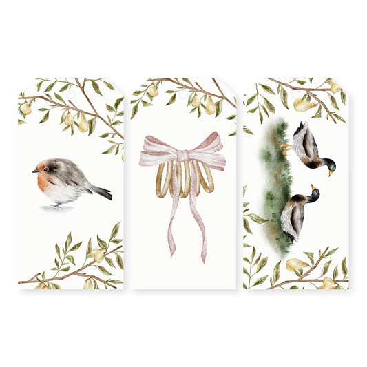 Set of 12 watercolor gift tags featuring illustrations of the 12 Days of Christmas