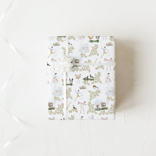 Set of 3 gift wrap sheets featuring watercolor illustrations inspired by the 12 Days of Christmas