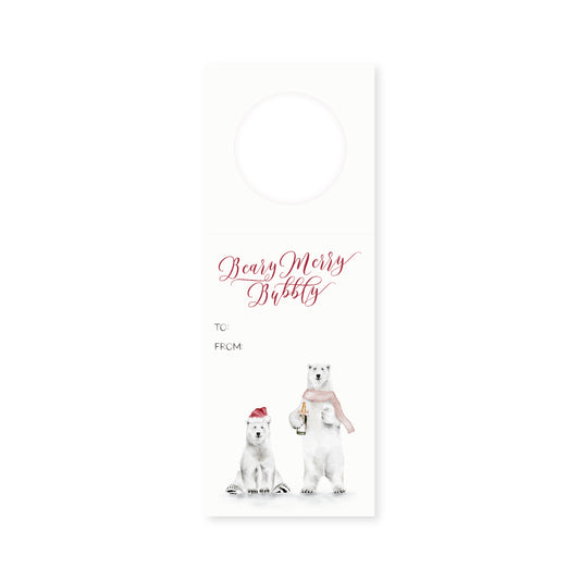 Set of 3 ‘Beary Merry Bubbly’ holiday wine bottle tags featuring whimsical polar bear watercolor designs.