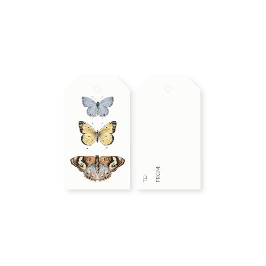 Set of 10 watercolor gift tags featuring three butterflies on a white background