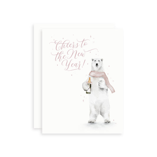 Watercolor polar bear holding a champagne bottle with 'Cheers to the New Year!' text on a white background