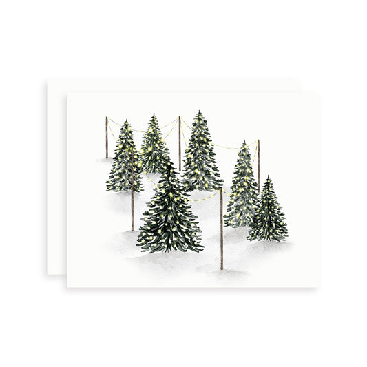 Simple holiday card of a watercolor illustration of a Christmas tree stand, with lights, on a white background.