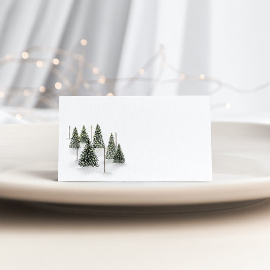 Holiday folded place card set of 12 featuring a watercolor Christmas tree stand illustration.