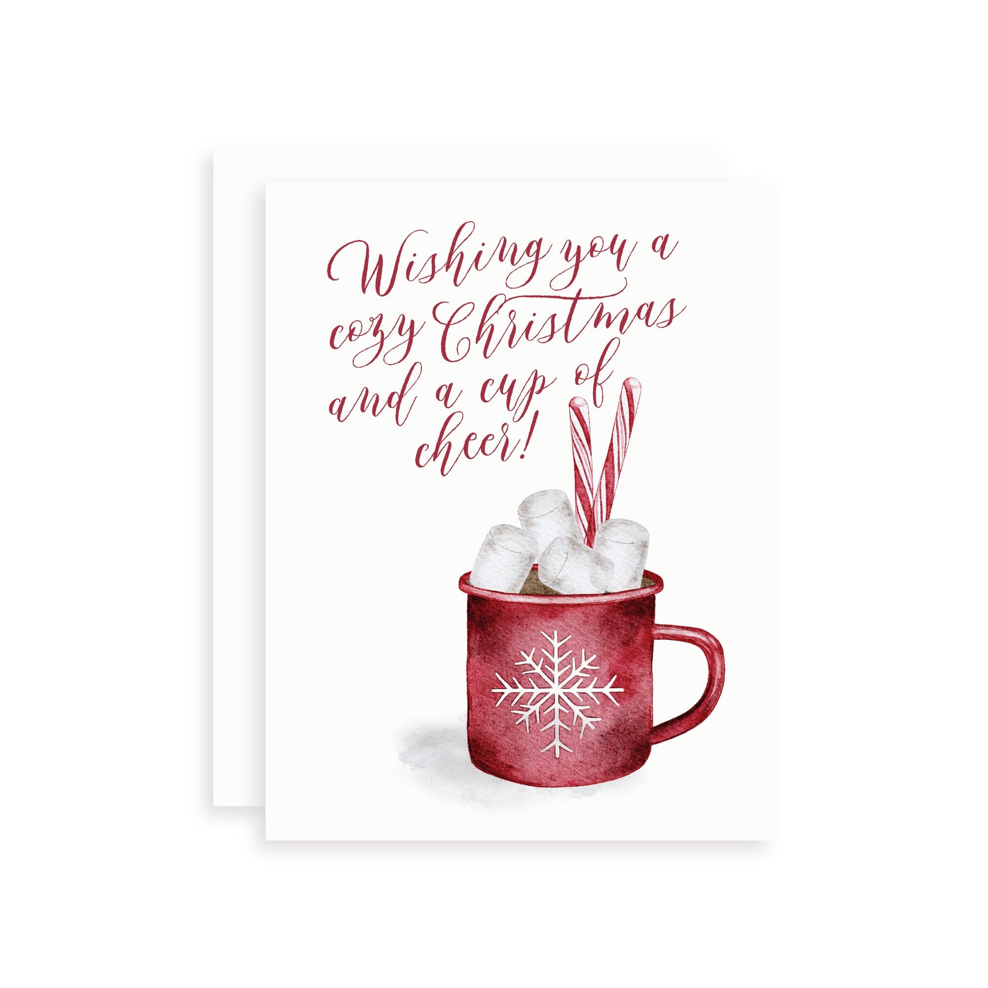 Holiday card with a watercolor illustration of a red mug of hot chocolate, marshmallows, and candy canes with text 'Wishing you a cozy Christmas and a cup of cheer!'.