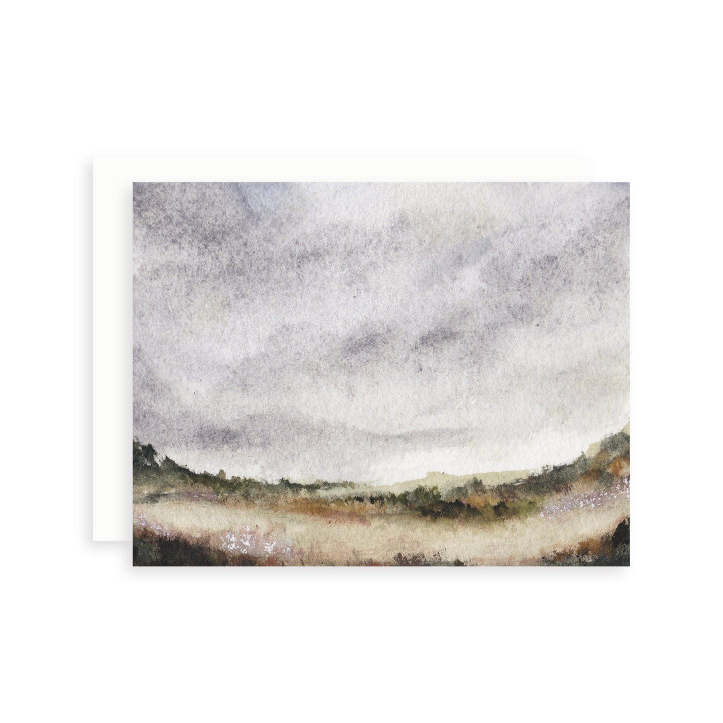 Card featuring a calming watercolor impressionistic landscape with earthy, natural tones and cloudy skies