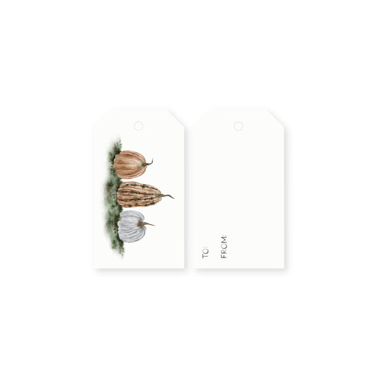 Set of 10 gift tags featuring three watercolor pumpkins on a white background