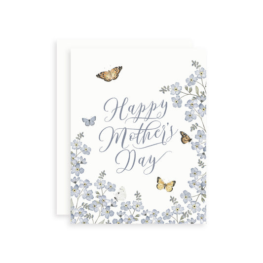 Greeting card with 'Happy Mother's Day' text surrounded by flowers and butterflies on a white background