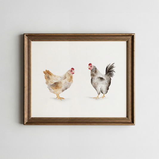 Framed artwork of two chickens on a light background