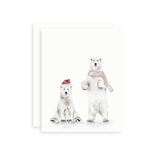 Simple holiday card of two watercolor polar bears, one wearing a red hat and the other a pink scarf, on a white background.
