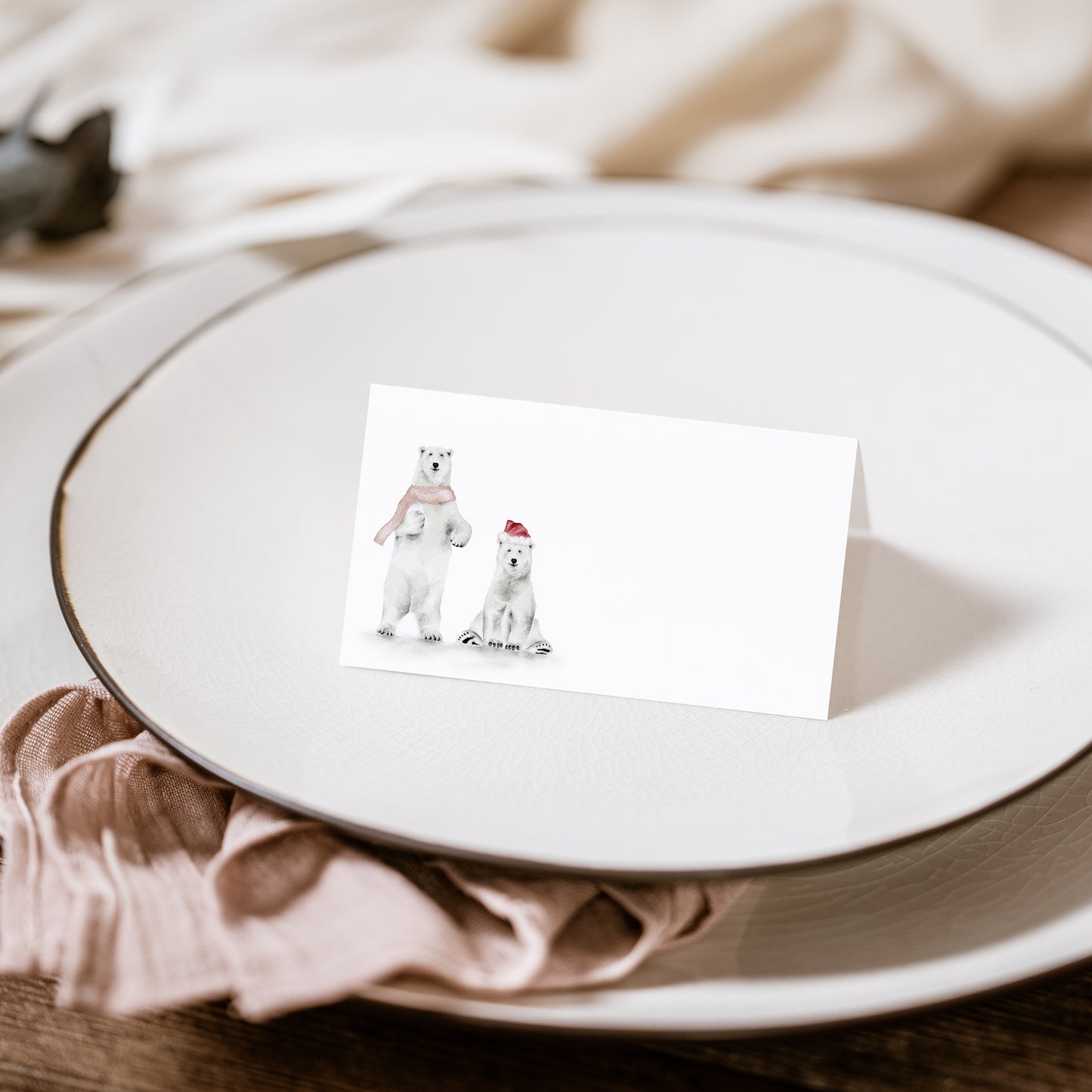 Holiday folded place card set of 12 featuring a watercolor polar bears.