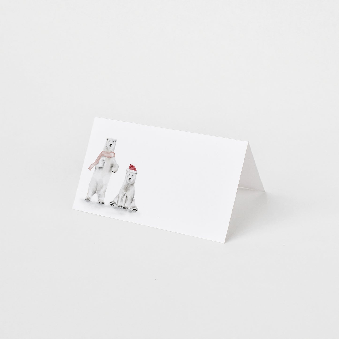 Holiday folded place card set of 12 featuring a watercolor polar bears.