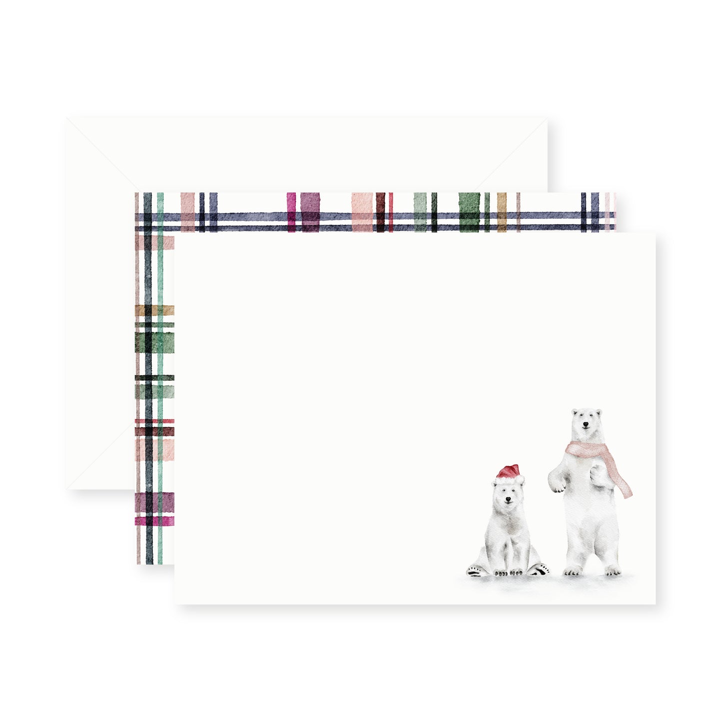 Boxed holiday stationery set featuring watercolor polar bears and watercolor plaid pattern details.