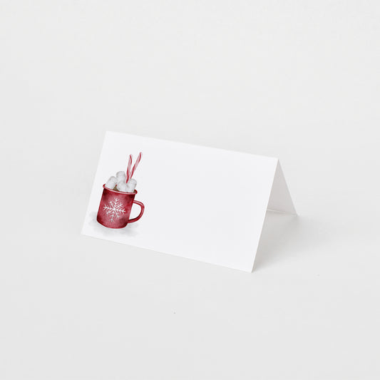 Holiday folded place card set of 12 featuring a watercolor hot cocoa mug illustration.