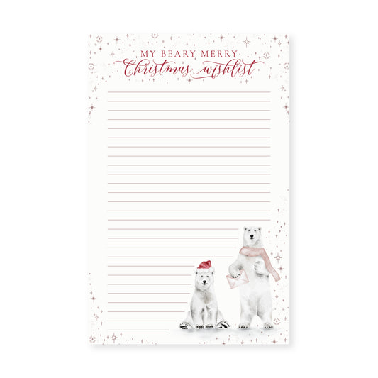 Holiday Christmas wishlist Notepad featuring a watercolor illustration of polar bears.