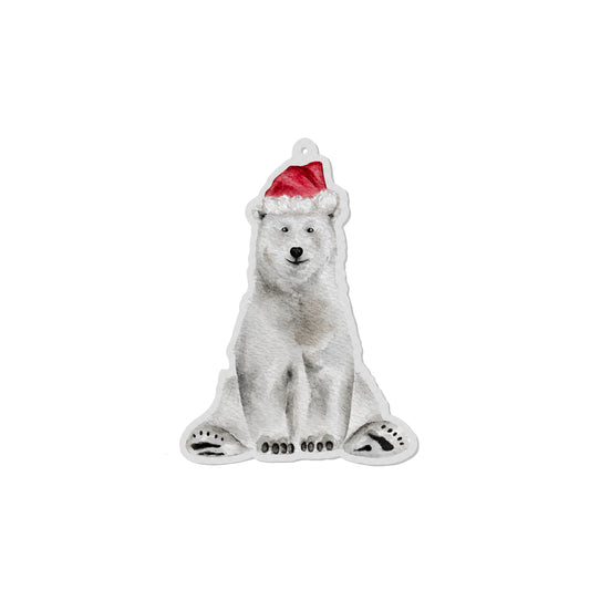 Watercolor polar bear with a Santa hat on a white background