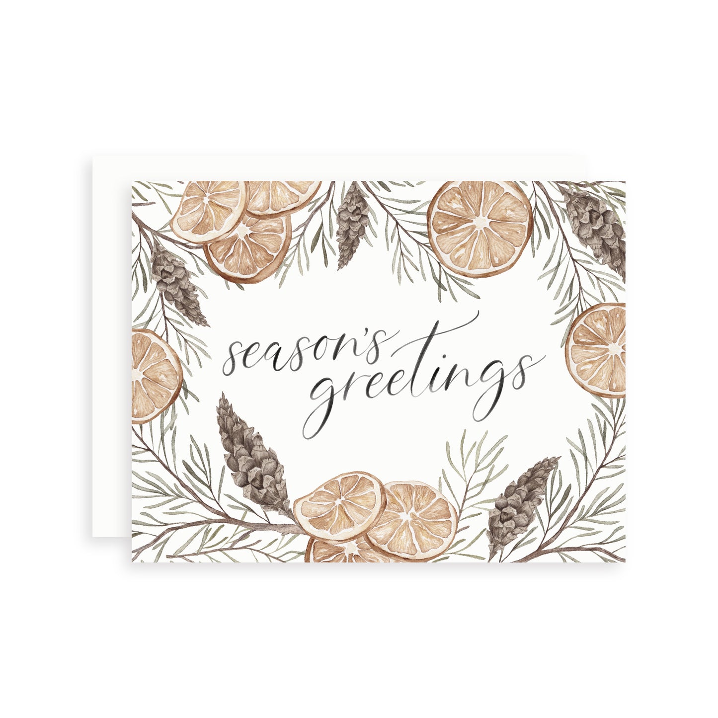 Greeting card with 'season's greetings' text surrounded by watercolor illustrations of orange slices, pine branches and pinecones.