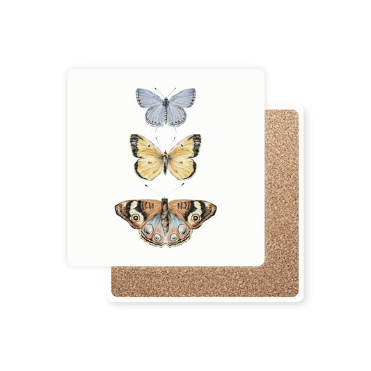 Set of 4 square stone ceramic coasters featuring an watercolor illustration of three butterflies on a white background