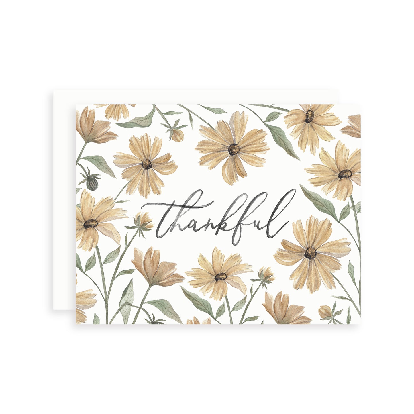 Greeting card with yellow coreopsis wildflowers and the word 'thankful' on a white background