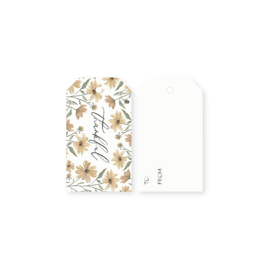 Set of 10 gift tags featuring yellow watercolor coreopsis wildflowers with the word 'thankful' on a white background