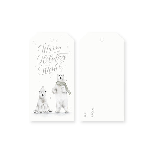 Set of 10 watercolor gift tags featuring festive  polar bears and 'Warm Holiday Wishes' text on a white background