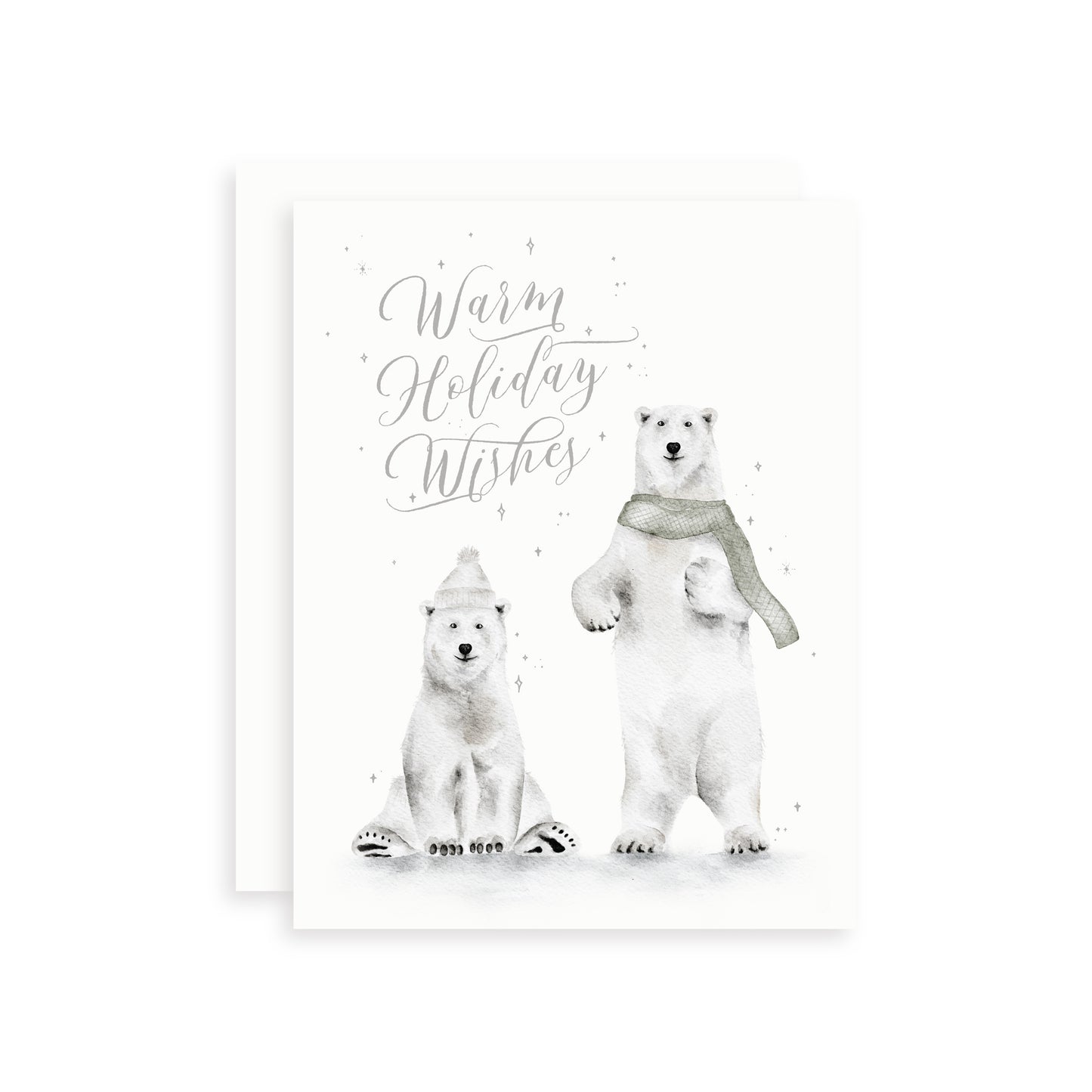 Watercolor holiday card with two polar bears and 'Warm Holiday Wishes' text on a white background
