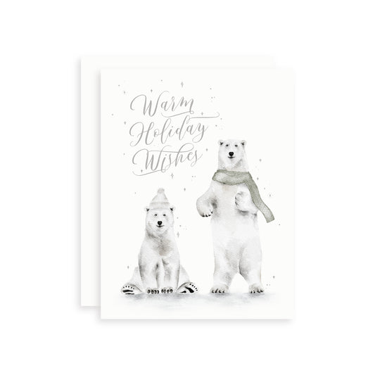 Watercolor holiday card with two polar bears and 'Warm Holiday Wishes' text on a white background