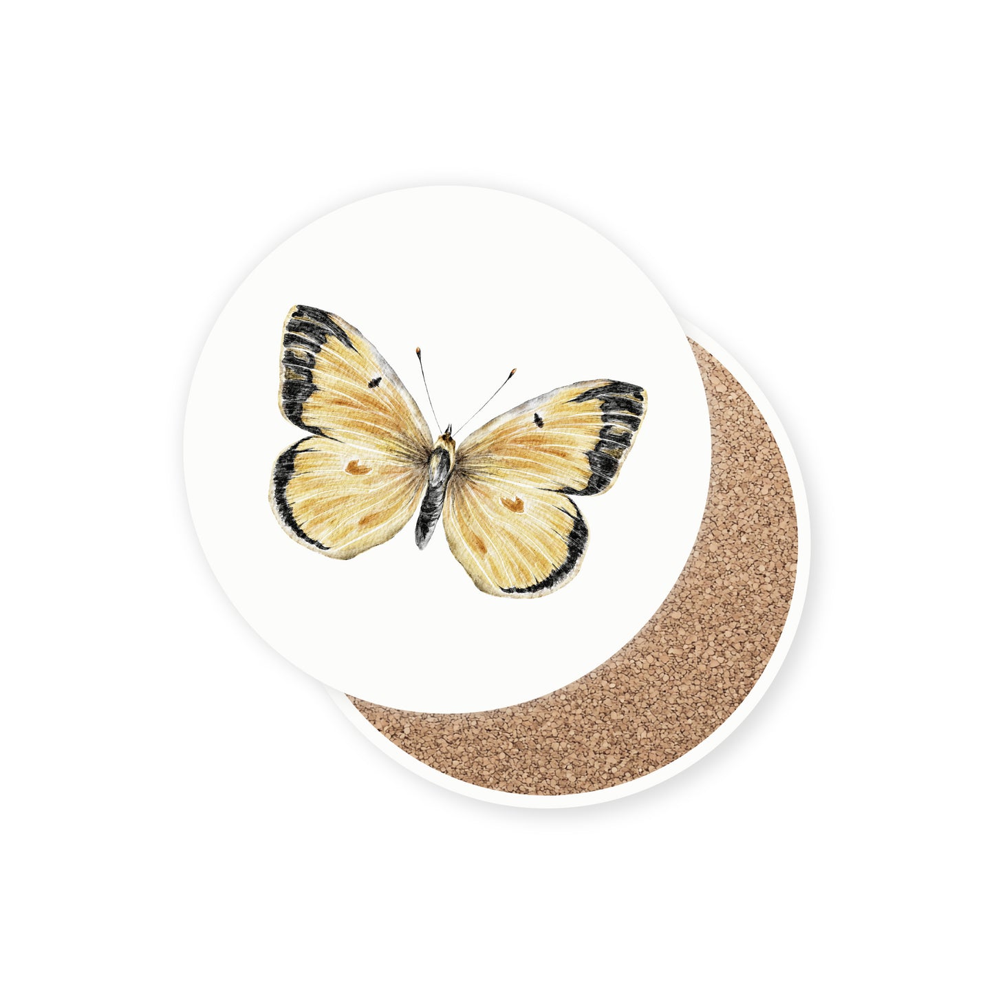 Set of 4 round stone ceramic coasters featuring a watercolor butterfly illustration on a white background
