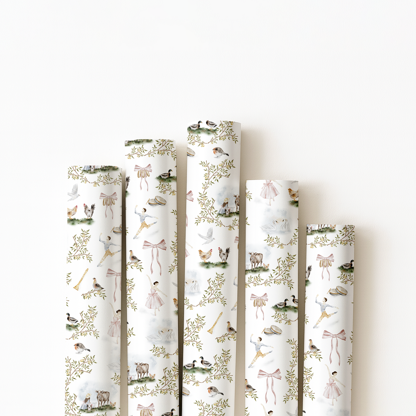 Gift wrap with 12 days of Christmas design on a white background