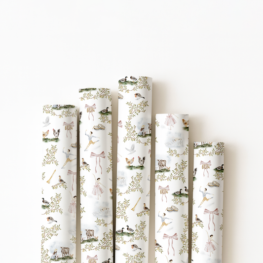 Gift wrap with 12 days of Christmas design on a white background