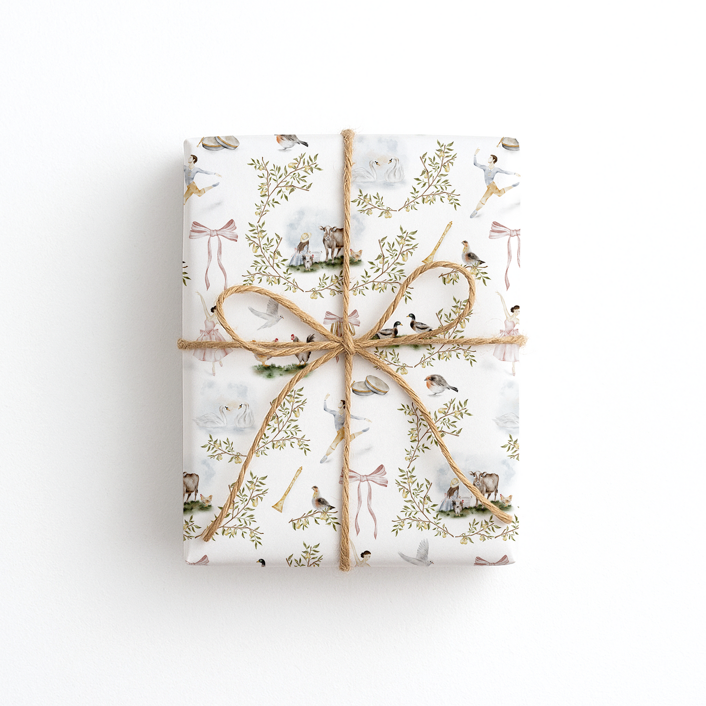 Gift wrap with 12 days of Christmas design on a white background