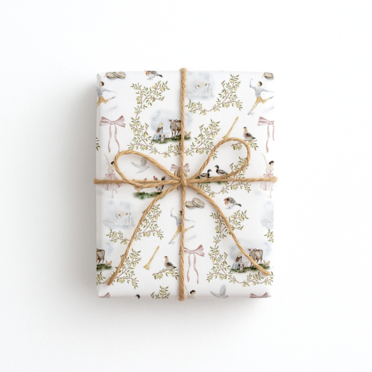 Gift wrap with 12 days of Christmas design on a white background