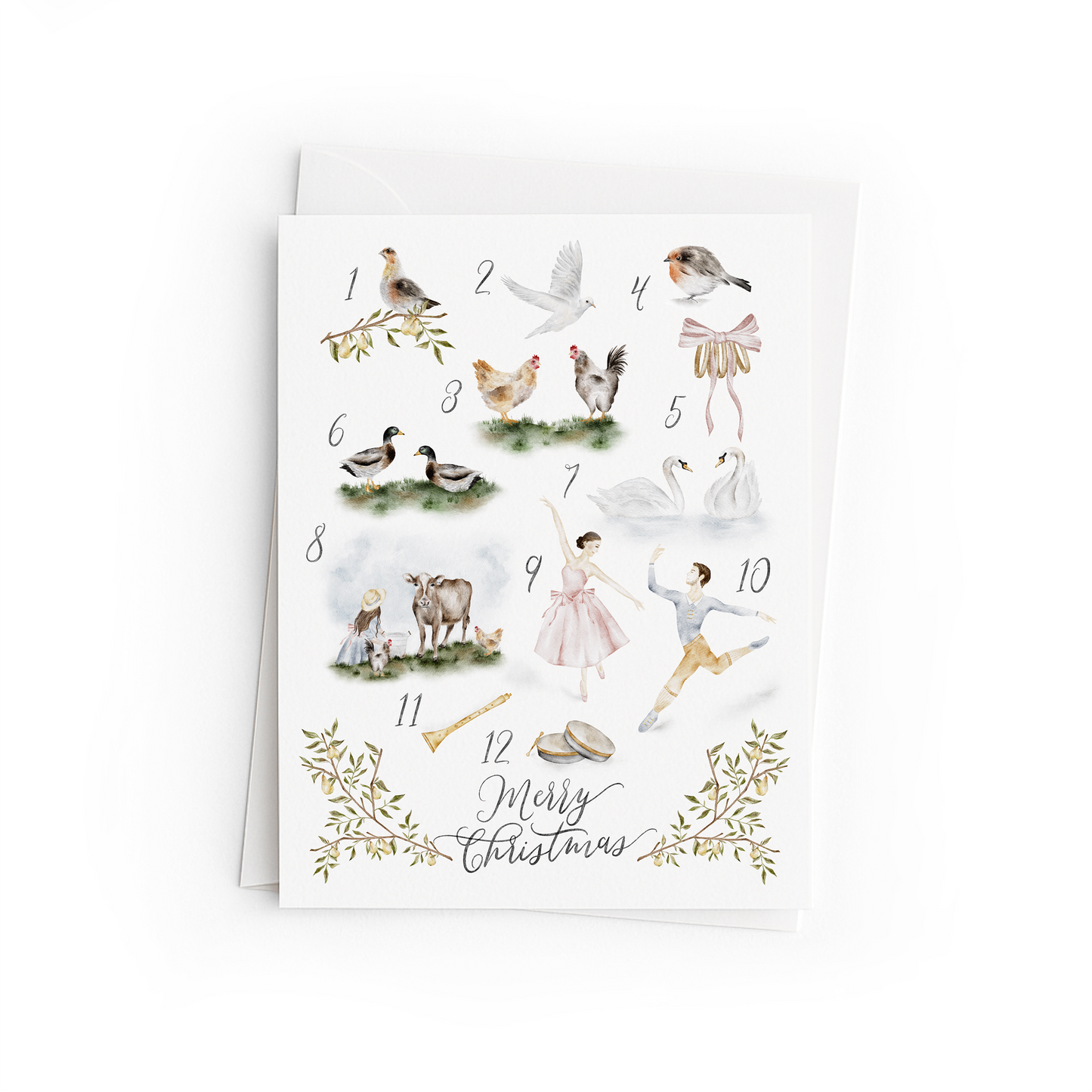 12 days of Christmas card with illustrations of animals and people on a white background