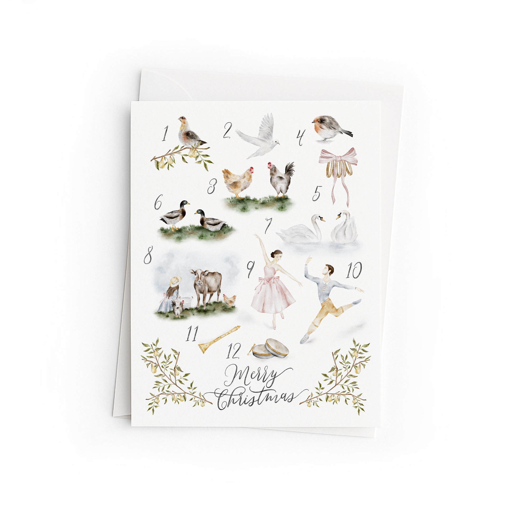 12 days of Christmas card with illustrations of animals and people on a white background