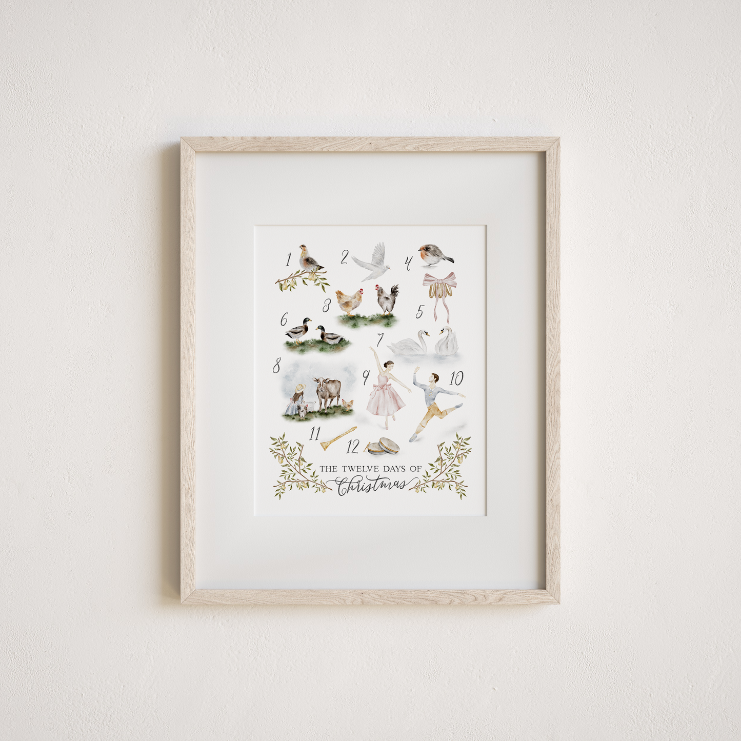 Festive watercolor art print with illustrations of 'The Twelve Days of Christmas' on a white background