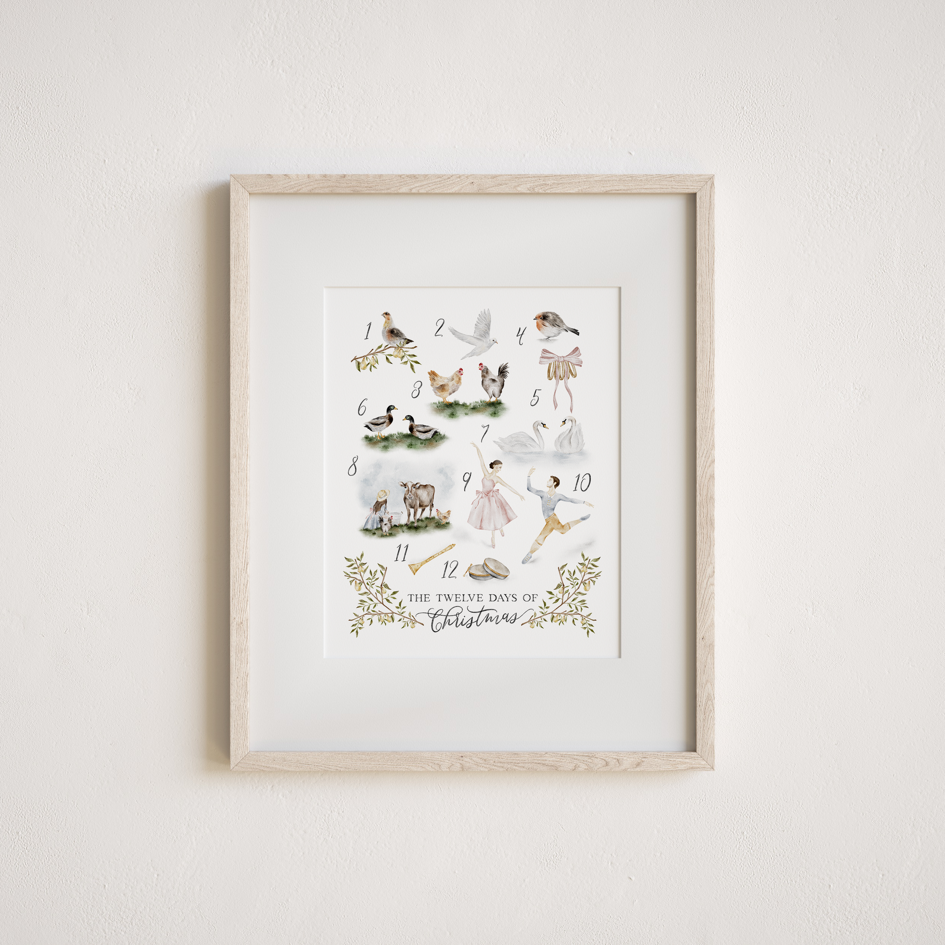 Festive watercolor art print with illustrations of 'The Twelve Days of Christmas' on a white background