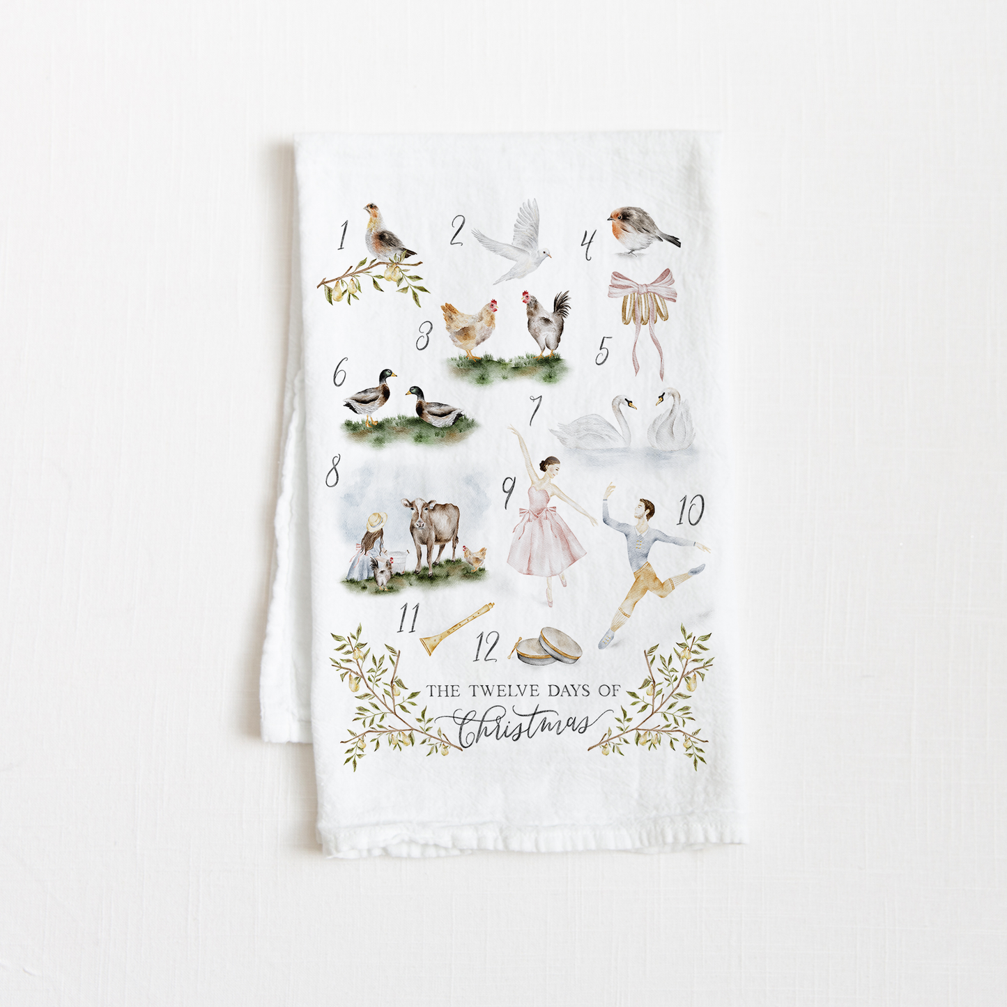 Tea towel with 'The Twelve Days of Christmas' design on a white background
