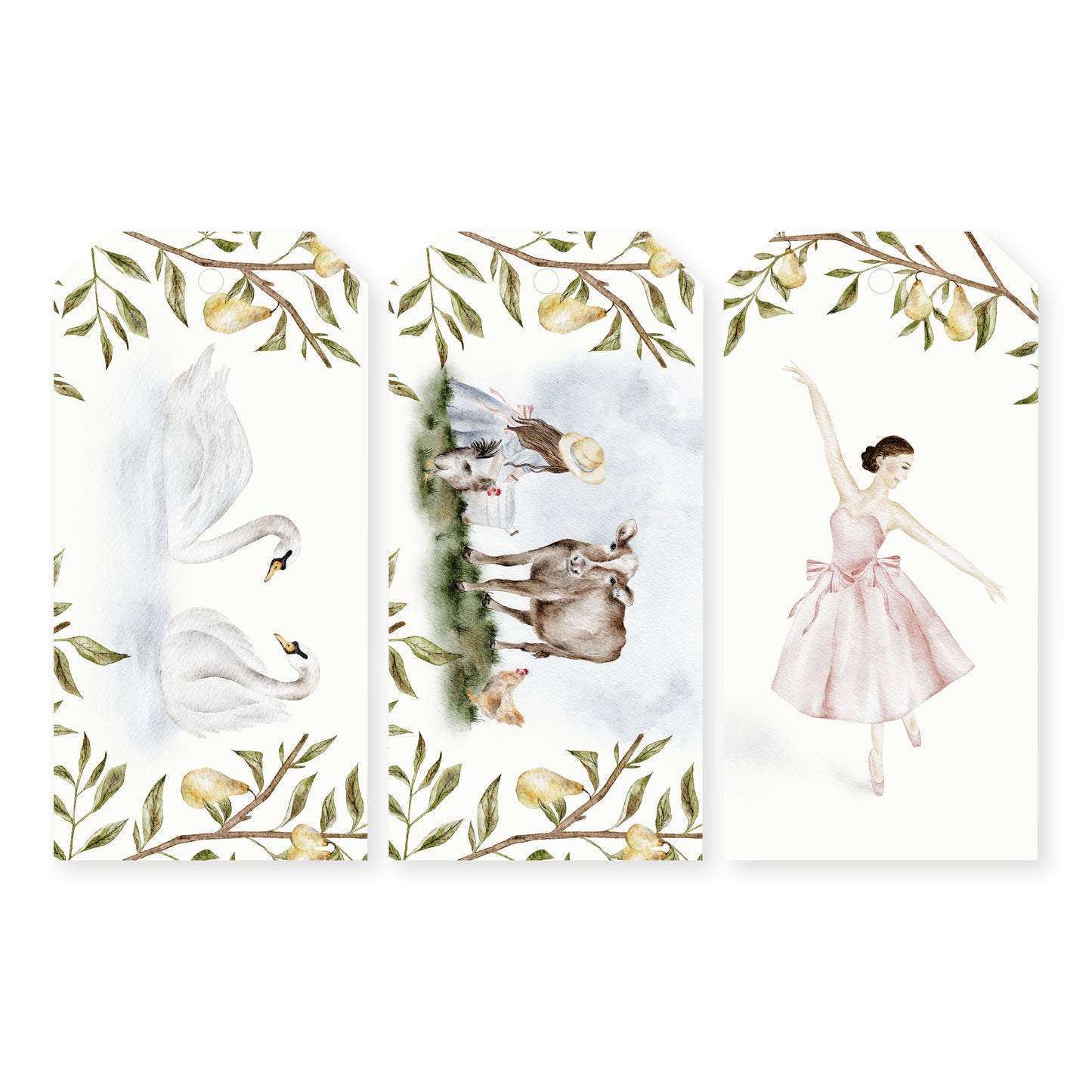 Set of 12 watercolor gift tags featuring illustrations of the 12 Days of Christmas