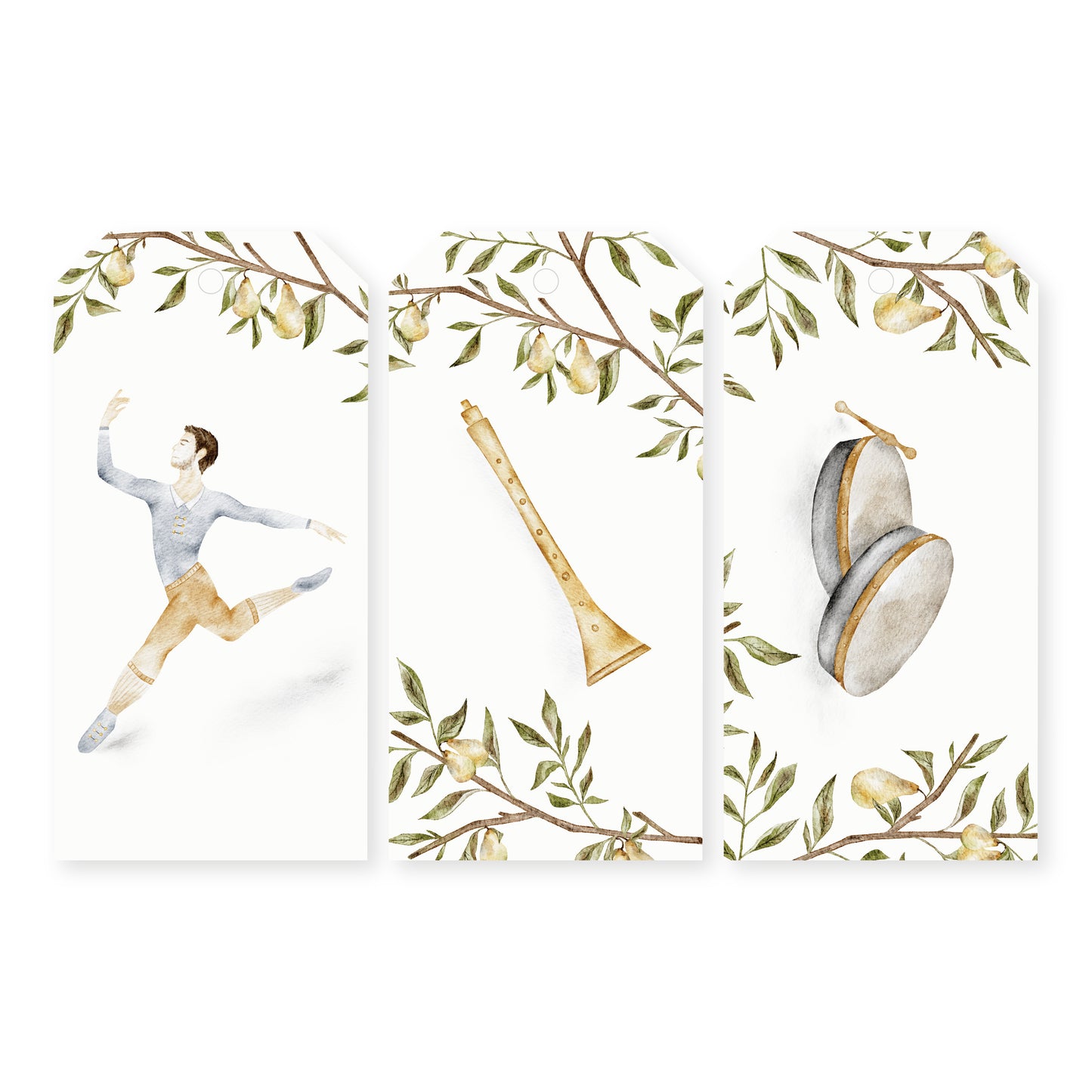 Set of 12 watercolor gift tags featuring illustrations of the 12 Days of Christmas