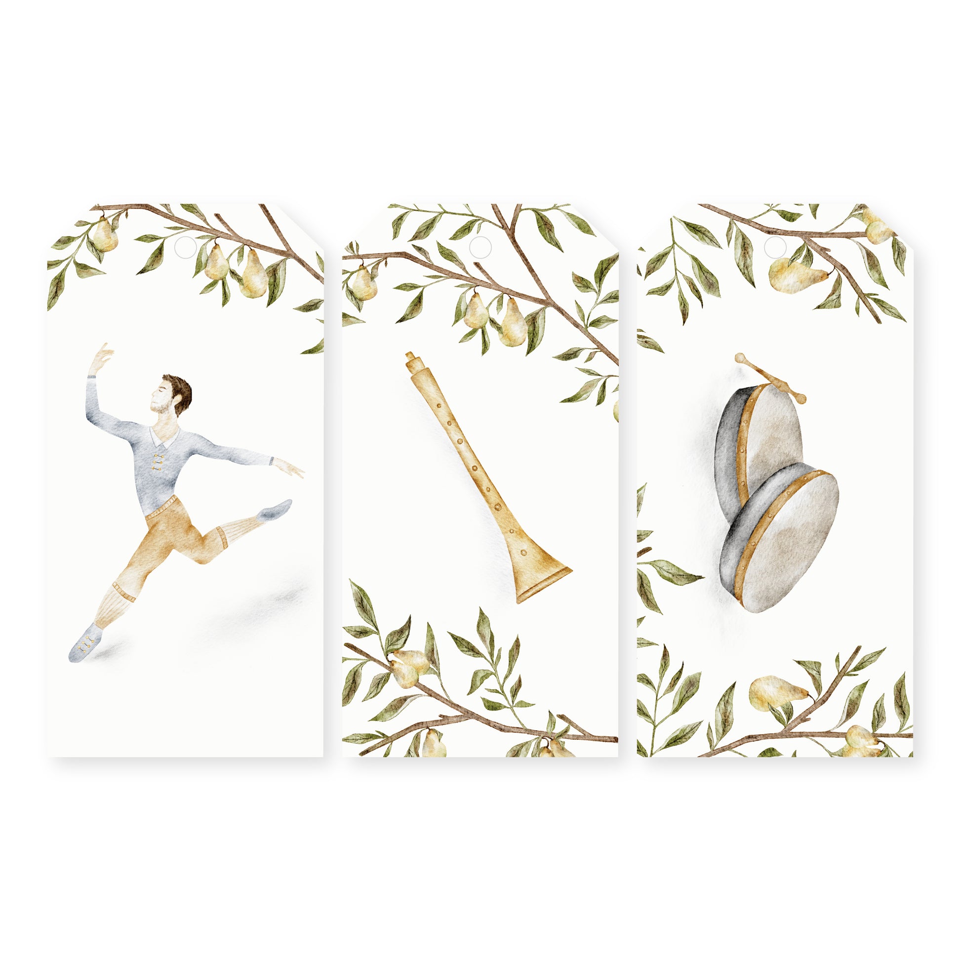 Set of 12 watercolor gift tags featuring illustrations of the 12 Days of Christmas