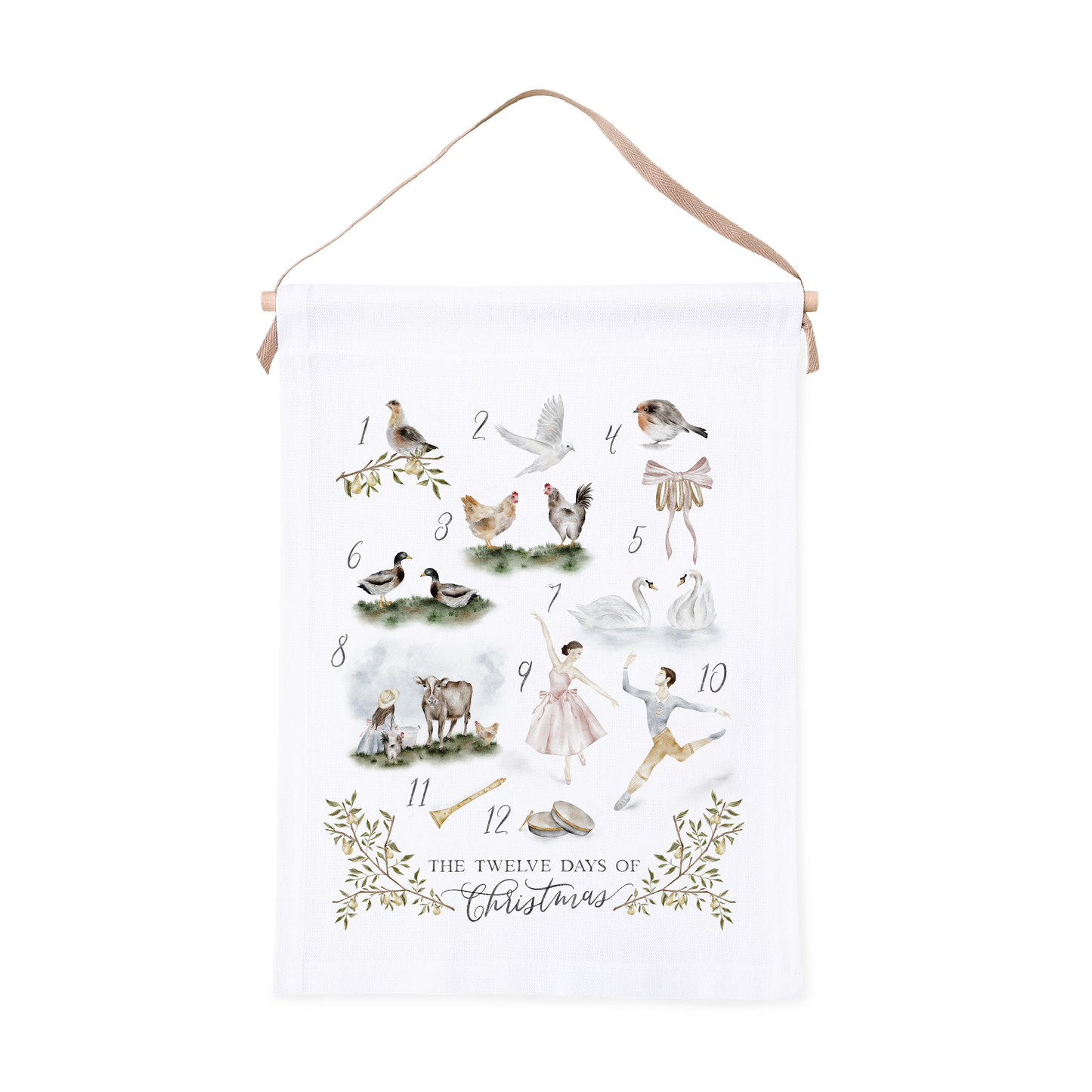 Festive canvas wall tapestry with illustrations of 'The Twelve Days of Christmas' on a white background