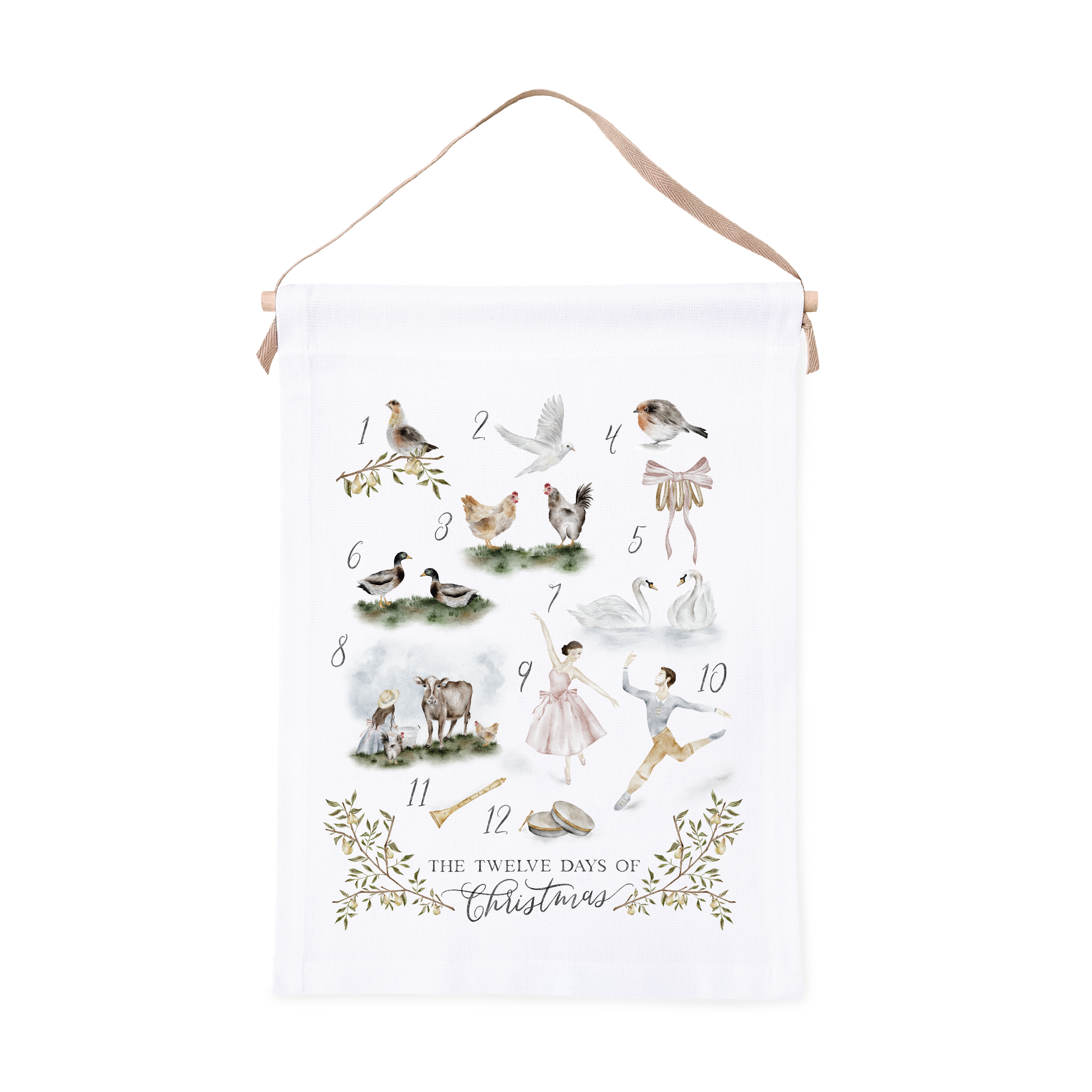 Festive canvas wall tapestry with illustrations of 'The Twelve Days of Christmas' on a white background