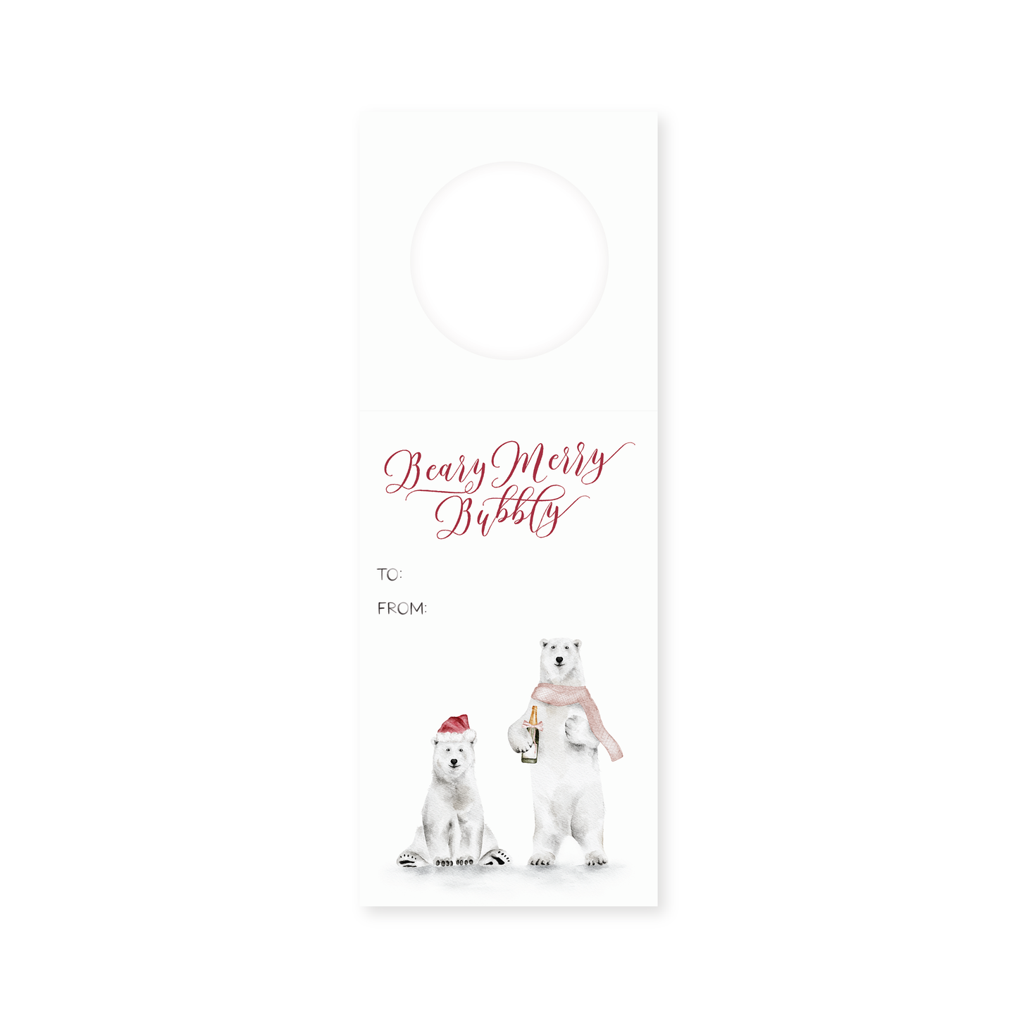 Wine bottle gift tag with polar bear design and 'Beary Merry Bubbly' text on a white background