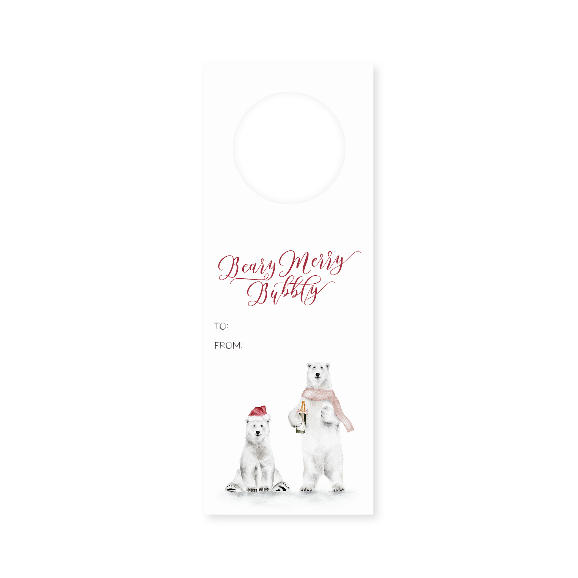 Wine bottle gift tag with polar bear design and 'Beary Merry Bubbly' text on a white background