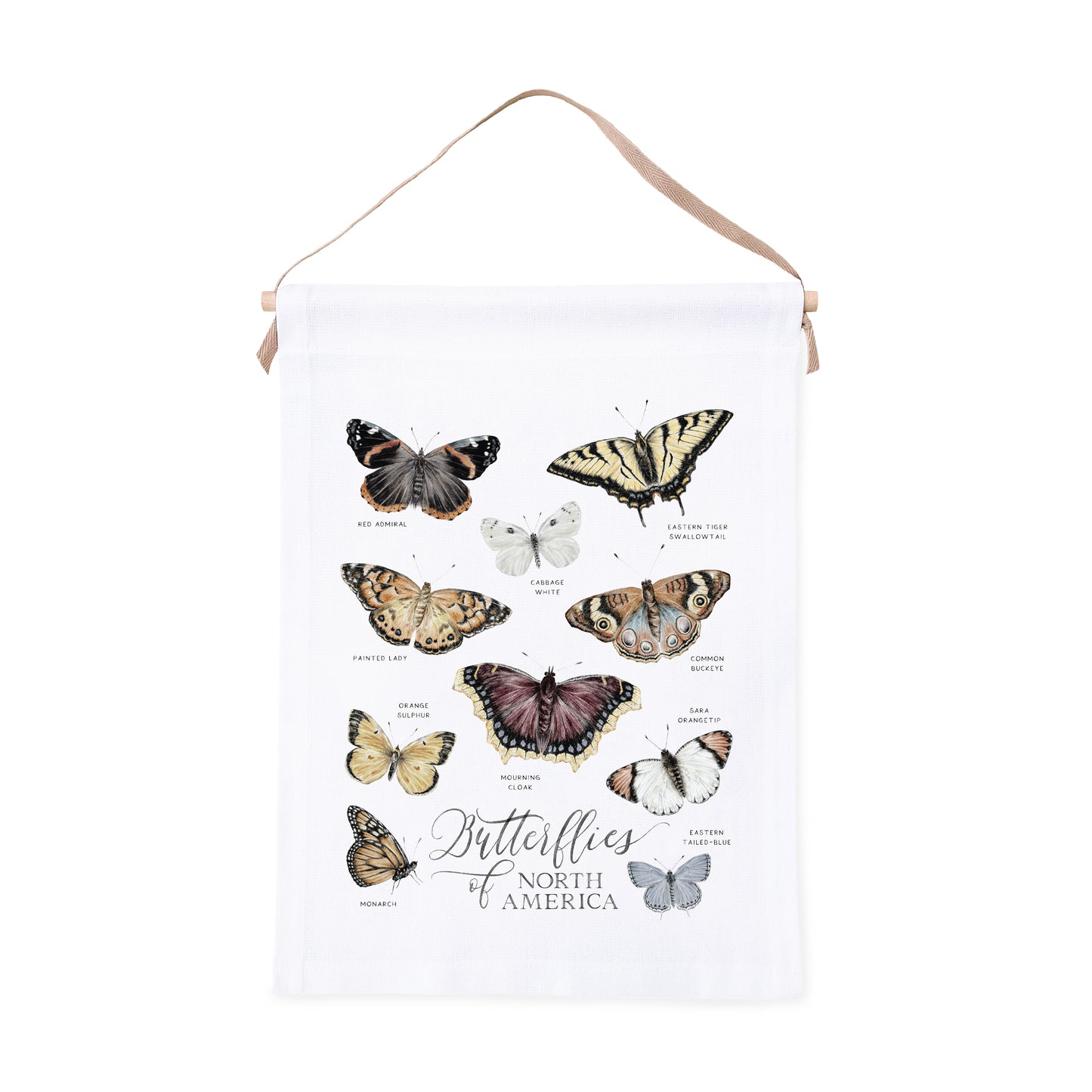 Canvas wall hanging featuring watercolor illustrations of butterflies and the lettering 'Butterflies of North America' on a white background