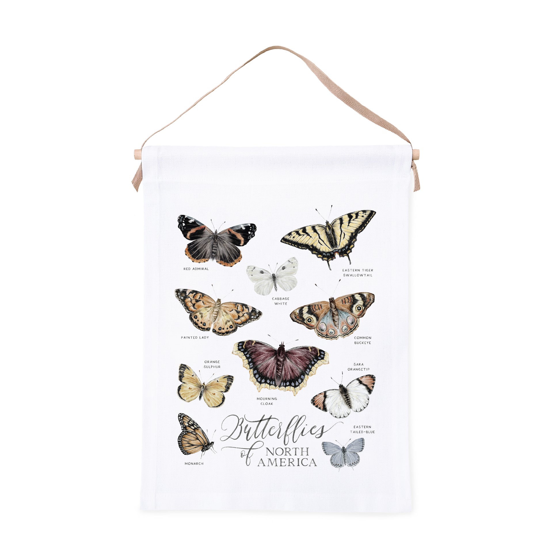 Canvas wall hanging featuring watercolor illustrations of butterflies and the lettering 'Butterflies of North America' on a white background