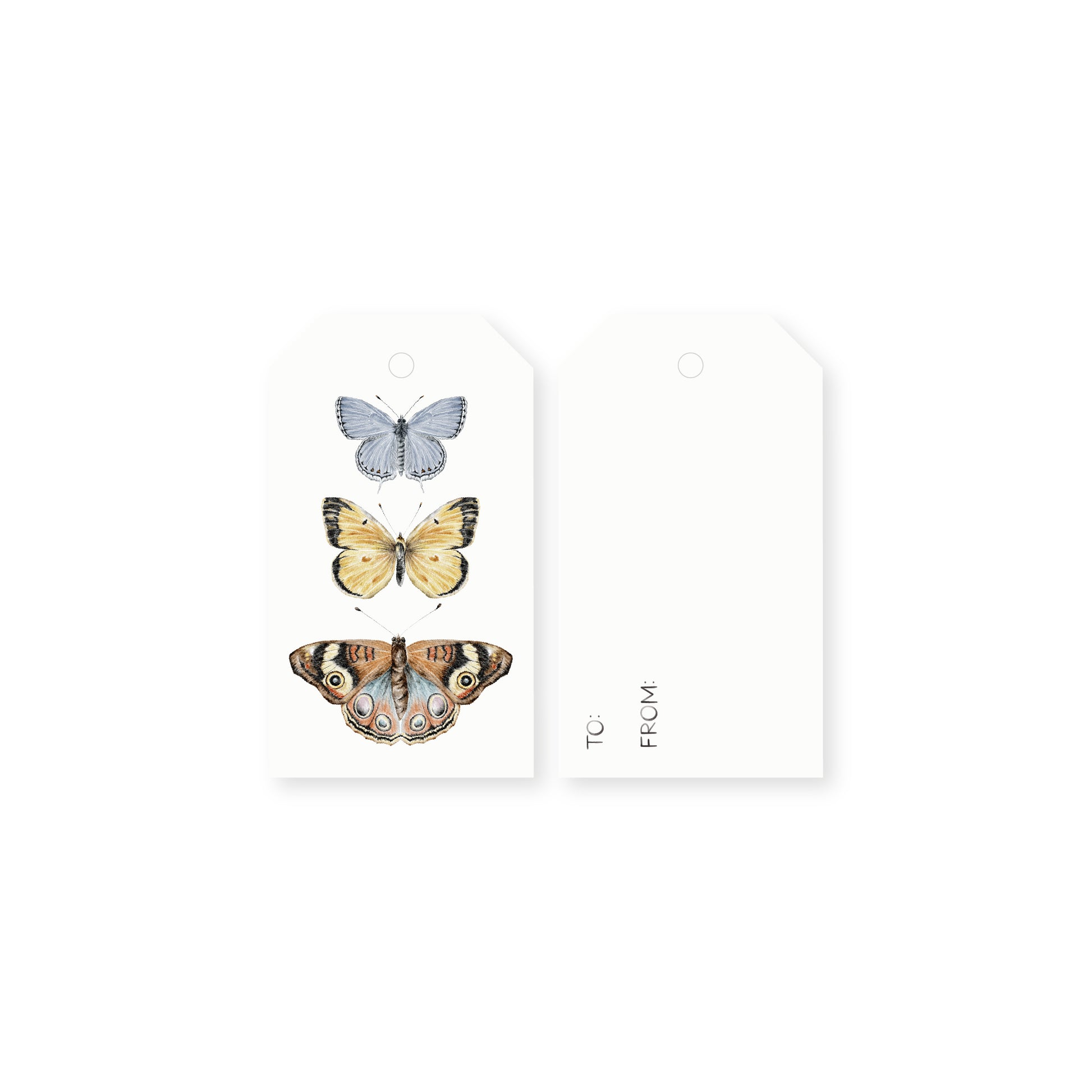 Set of 10 watercolor gift tags featuring three butterflies on a white background