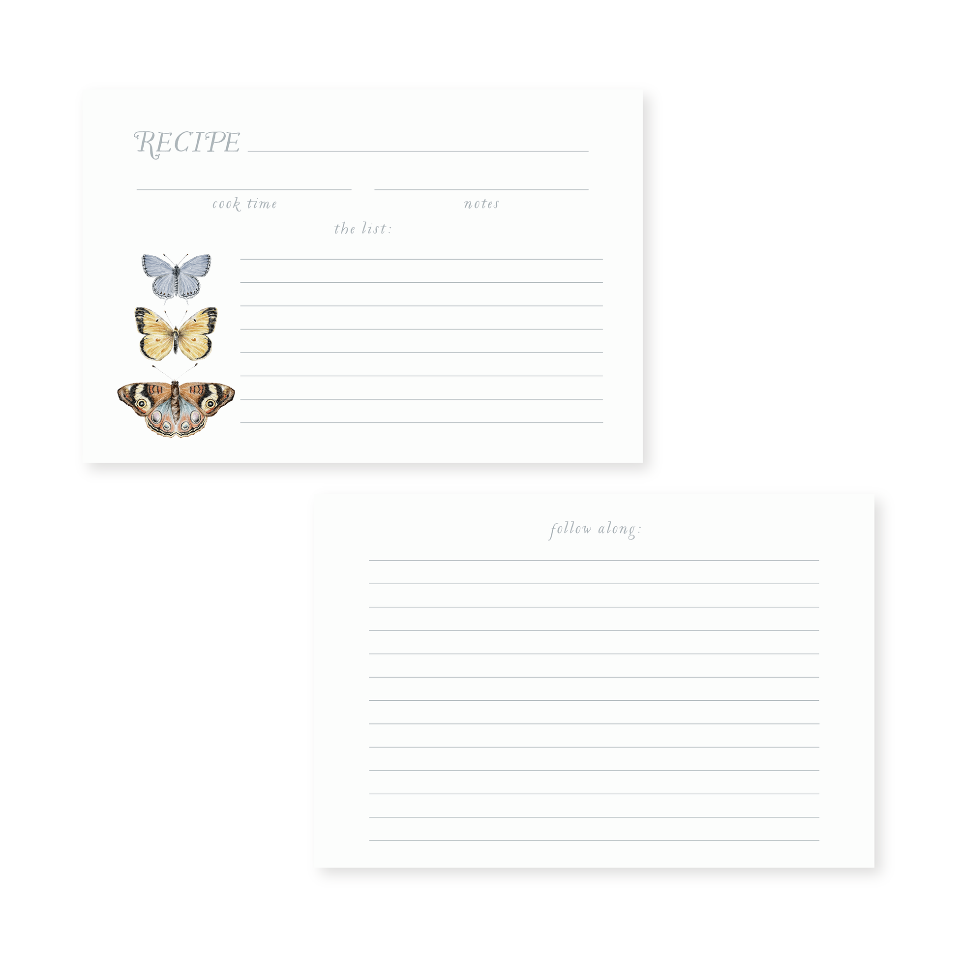 Recipe cards with watercolor butterflies on a white background