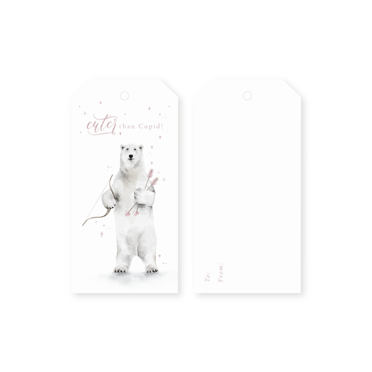 Illustration of a polar bear holding a bow and arrow with text on a white background